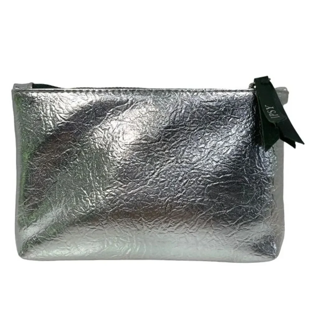 IPSY Metallic Silver Cosmetics Bag Travel Textured Minimalist Zip Close 7.5